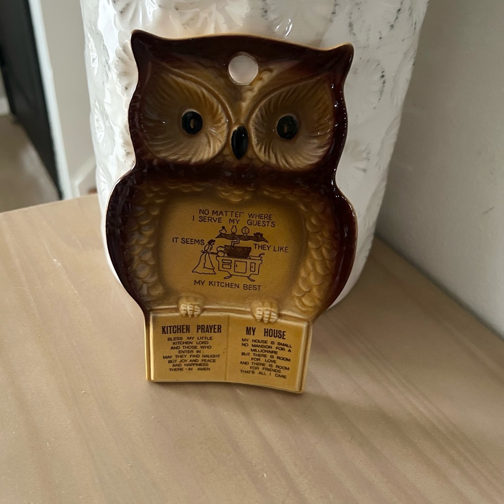 Vintage 1980s Kitchen Prayer Owl Wall Hanging Spoon Rest Decor
